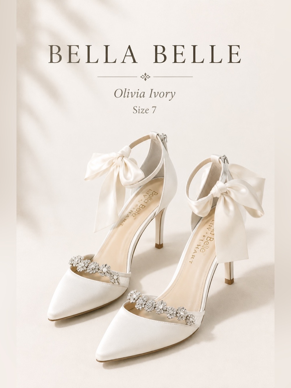 Bella Belle Olivia Ivory Crystal Bow Bridal Heels Size 7